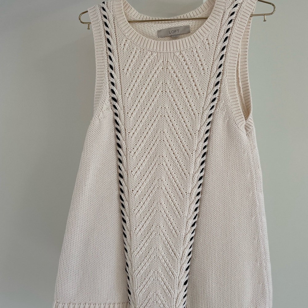 LOFT Cream Knit Sleeveless Tank with Black Braid Trim